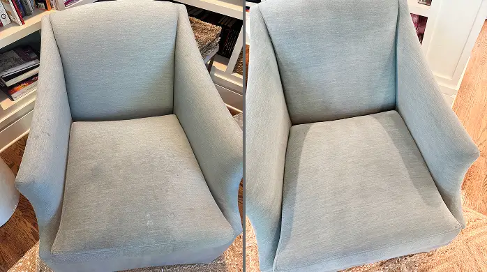 Before and after armchair deep cleaning removing embedded dirt and buildup from upholstery