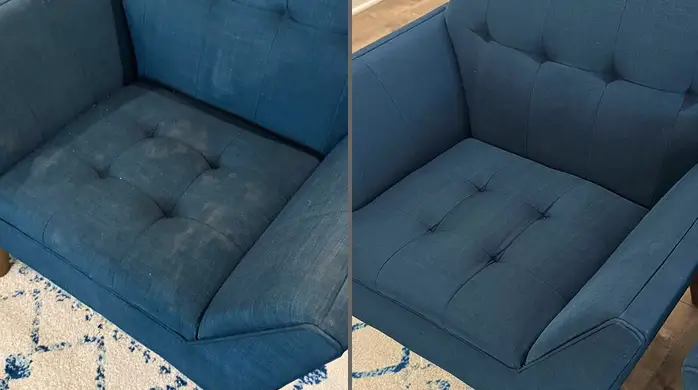 Before and after armchair deep cleaning restoring upholstery fabric in Charlotte