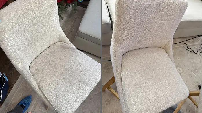 Before and after chair cleaning showing removal of food and drink spills from upholstery in a Charlotte home