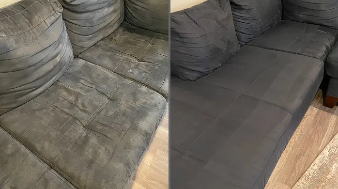 Before and after couch cleaning removing heavy dirt buildup from upholstery