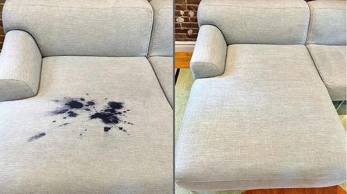 Before and after couch cleaning removing ink stains from upholstered fabric