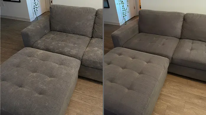 Before and after couch cleaning removing embedded pet hair from fabric upholstery