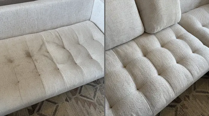 Before and after couch cleaning showing removal of food and drink spills from upholstery in a Charlotte home