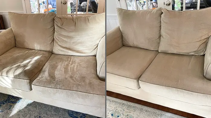 Before and after deep patio furniture cleaning removing dirt buildup from outdoor upholstery