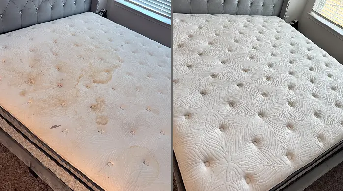 Before and after mattress cleaning showing removal of visible stains from the mattress surface in a Charlotte home
