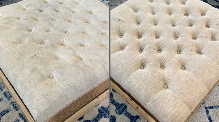 Before and after ottoman deep cleaning removing dirt and stains from upholstered surface