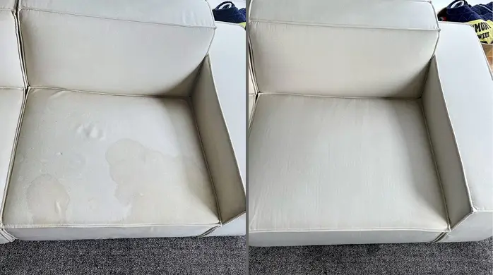Before and after patio furniture cleaning showing restored outdoor fabric cushions in a Charlotte backyard