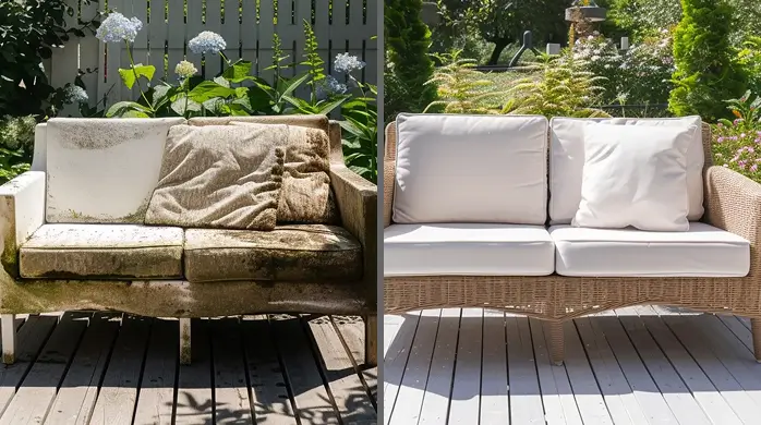 Before and after patio furniture cleaning removing heavy stains from outdoor upholstery