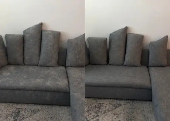 Before and after couch cleaning showing pet hair removal from upholstery in Charlotte