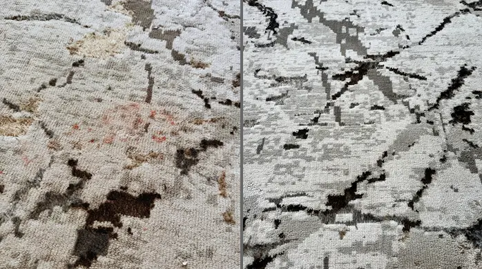Before and after rug cleaning showing color-safe stain removal without fading the rug pattern