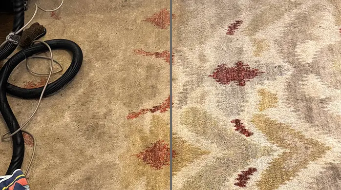 Before and after deep rug cleaning restoring cleanliness and texture of rug fibers