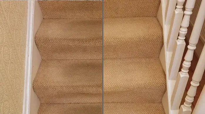 Before and after stair rug cleaning removing heavy traffic dirt from carpeted stairs