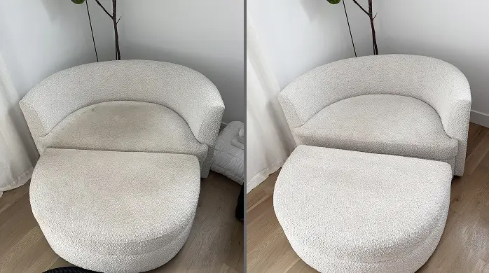 Before and after chair cleaning restoring a white upholstered chair from stains and discoloration