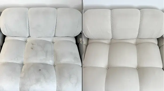 Before and after couch cleaning restoring a white couch from heavy stains and discoloration