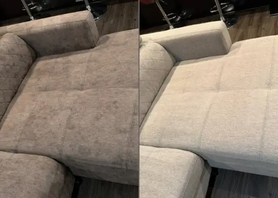 Fabric-safe stain removal on upholstered couch before and after cleaning