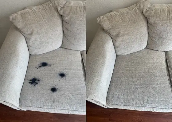 Ink stain removal from couch in Dallas showing fabric upholstery before and after deep cleaning